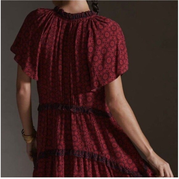 Anthropologie Robin Tiered Viscose Mini Dress Size XS Red/Rounge Flutter Sleeves - Picture 8 of 10